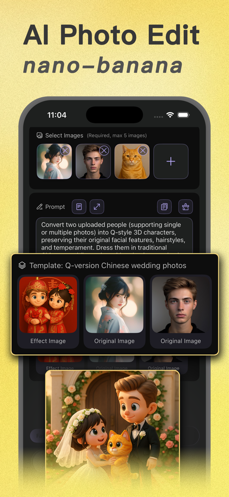 Phototells: AI ID & Headshot - Interfaz móvil de la aplicación Phototells que muestra el proceso de conversión de fotos reales en personajes de dibujos animados 3D estilo Q.