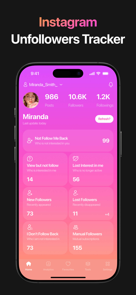 Instagramのフォロワー指標とフォロー解除ユーザーのカテゴリを表示する、Unfollow Tracker FollowHubアプリのダッシュボード。