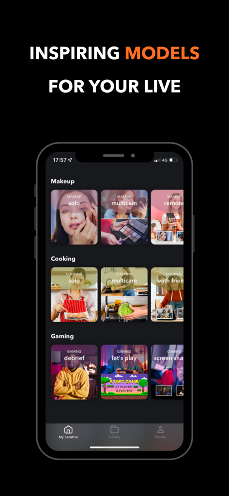 BeNarative - BeNarative app screen showing various live streaming models and templates for makeup cooking and gaming creators