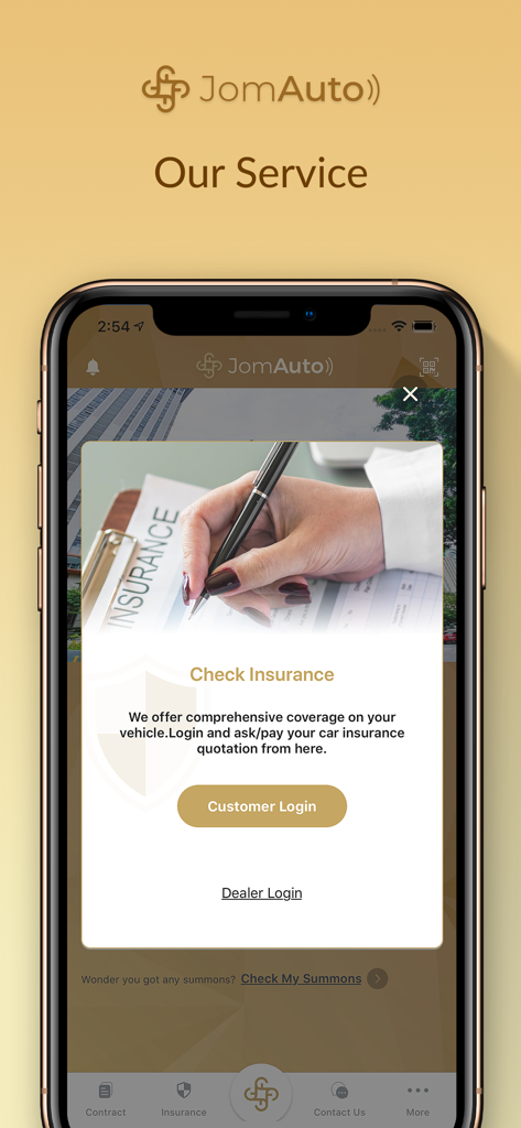 JomAuto - Interfaz de la aplicación móvil JomAuto para consultar y renovar el seguro del automóvil.