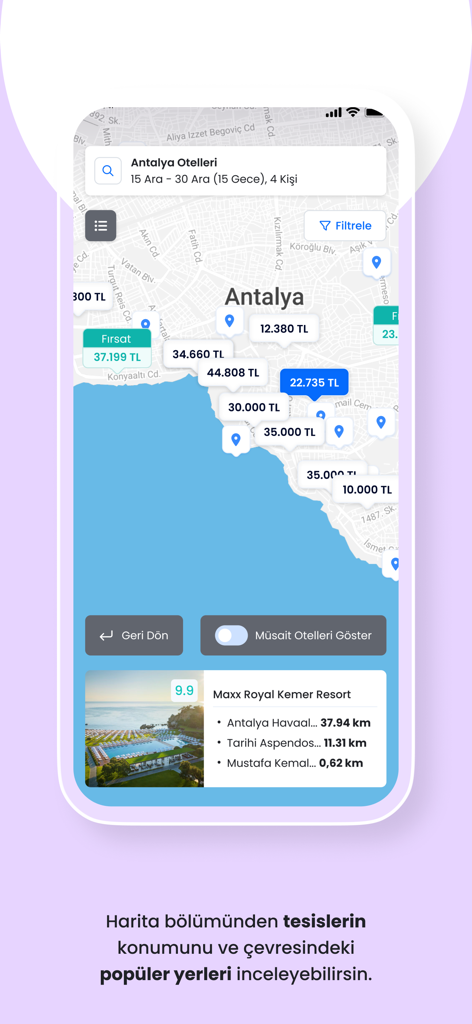 Etstur app interface showing hotel prices on a map of Antalya Turkey