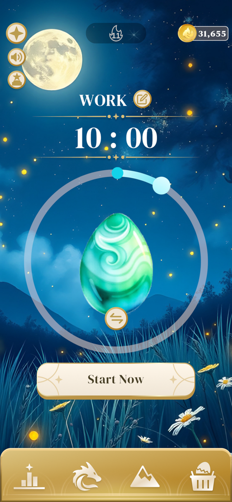 Fluffle: Focus With Dragons - Fluffleアプリの10分間のポモドーロ集中タイマー。月明かりの草原を背景にした、光る緑のドラゴンの卵が特徴です。
