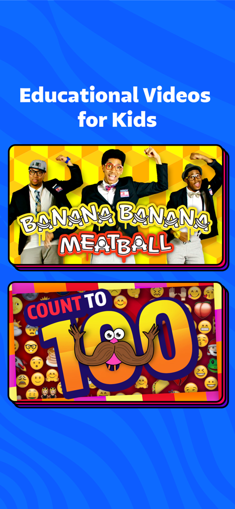 Pantalla de la aplicación GoNoodle que muestra videos educativos para niños, incluidos Banana Banana Meatball y Count to 100
