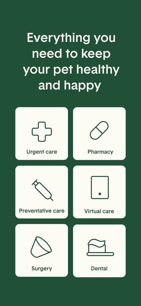 Juno Vet - Screenshot of the Juno Vet app showing veterinary services including urgent care pharmacy and virtual care icons