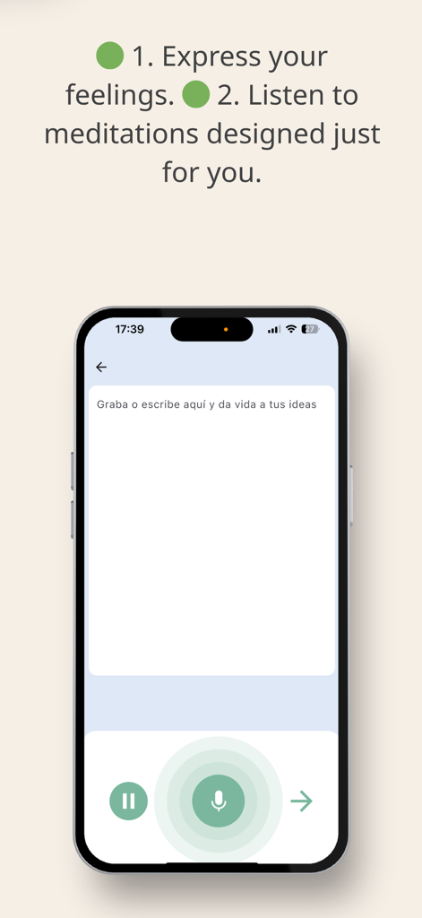Mint AI app interface showing a voice recording feature to express feelings and generate custom meditations