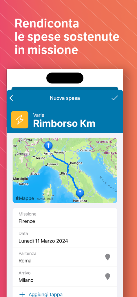 TeamSystem HR - Interfaccia dell'app TeamSystem HR per la segnalazione del rimborso chilometrico con una mappa del percorso di viaggio