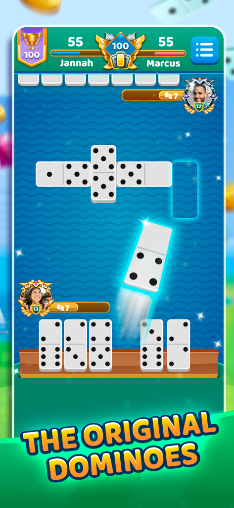 Dominoes Battle: The Best Game - A competitive online dominoes match showing two players using classic tiles on a blue patterned board