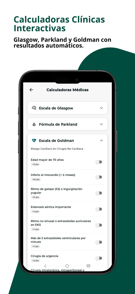 Manual de Cirugía - Dr. Ralón - Tela de calculadoras médicas no aplicativo Manual de Cirugia mostrando as escalas de Glasgow e Goldman