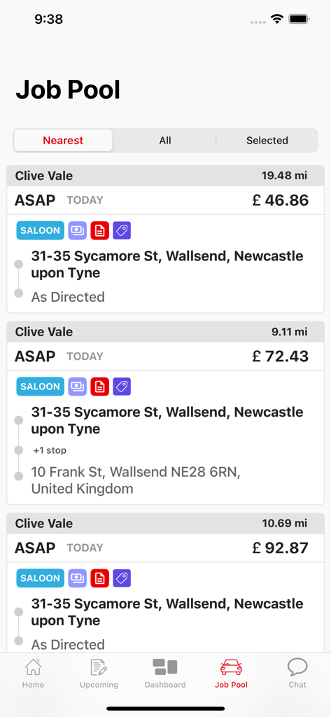 Ride.bm Driver - The Job Pool screen in the Ride.bm Driver app showing a list of available taxi bookings with fares and locations