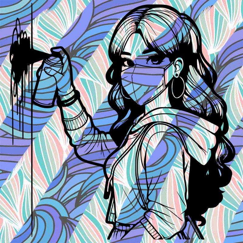 realistic girl with mask spray painting a wall