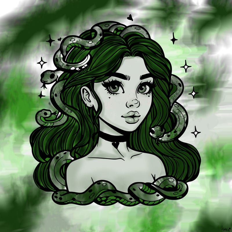 realistic girl with snakes as hair