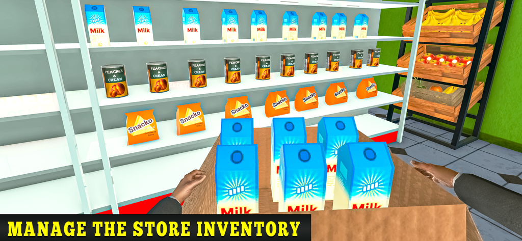 First-person view of stocking milk and snacks on supermarket shelves in Superstore Simulator Manager.