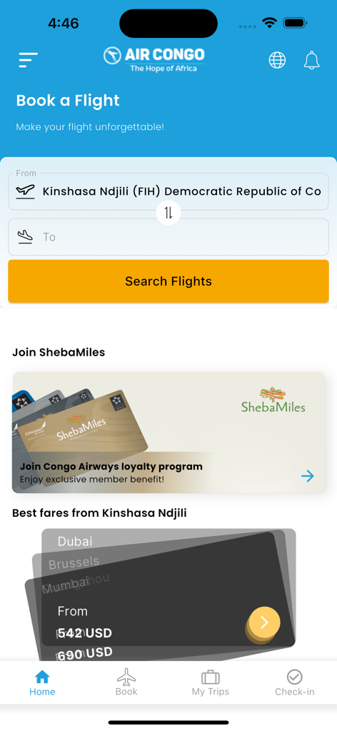 Air Congo - Schermata principale dell'app Air Congo che mostra la ricerca di prenotazione voli e il programma fedeltà ShebaMiles