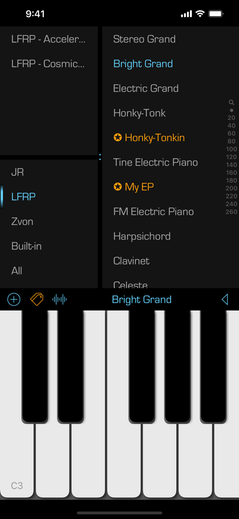 Interface of the SoundFonts mobile app showing a list of instrument patches and a piano keyboard