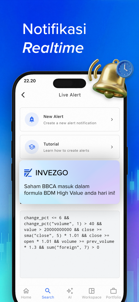 Invezgo - AI Saham - リアルタイムの株通知と技術的取引基準を表示するInvezgoアプリインターフェース。