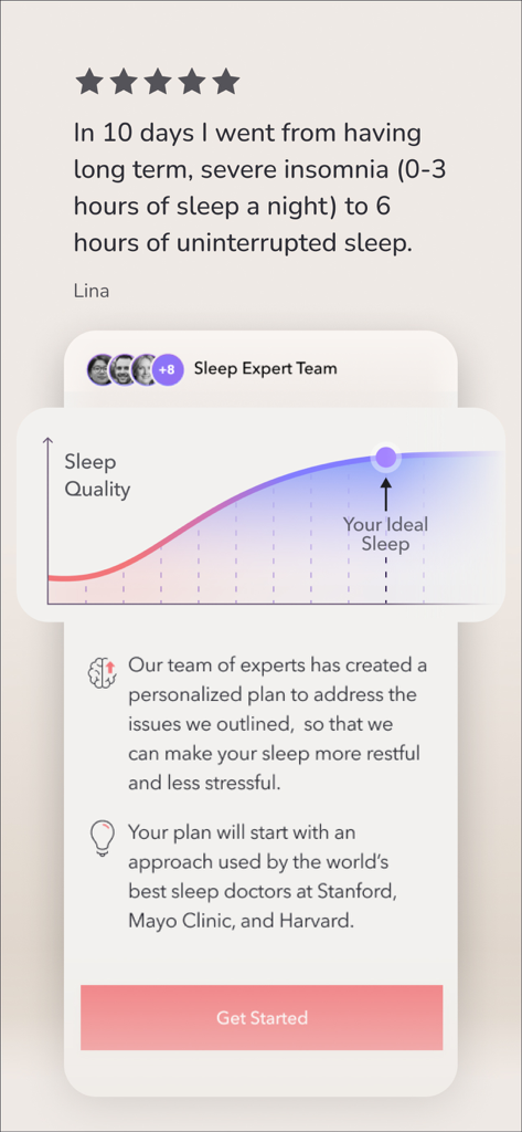 Sleep Reset: CBT for Insomnia - Screenshot of Sleep Reset app featuring a user testimonial and a graph showing sleep quality improvement.