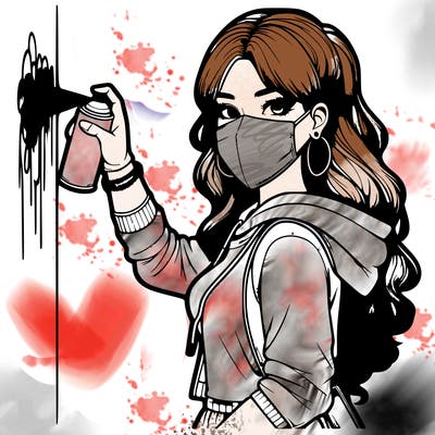 realistic girl with mask spray painting a wall