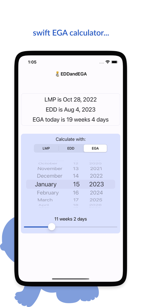 EDD - EGA calculator - Interface do aplicativo de calculadora DDP e DDI mostrando data de gravidez e resultados de idade gestacional.