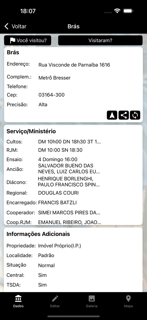 Relatório CCB - Tela do aplicativo exibindo detalhes do local da igreja CCB, horários de culto e nomes dos ministérios