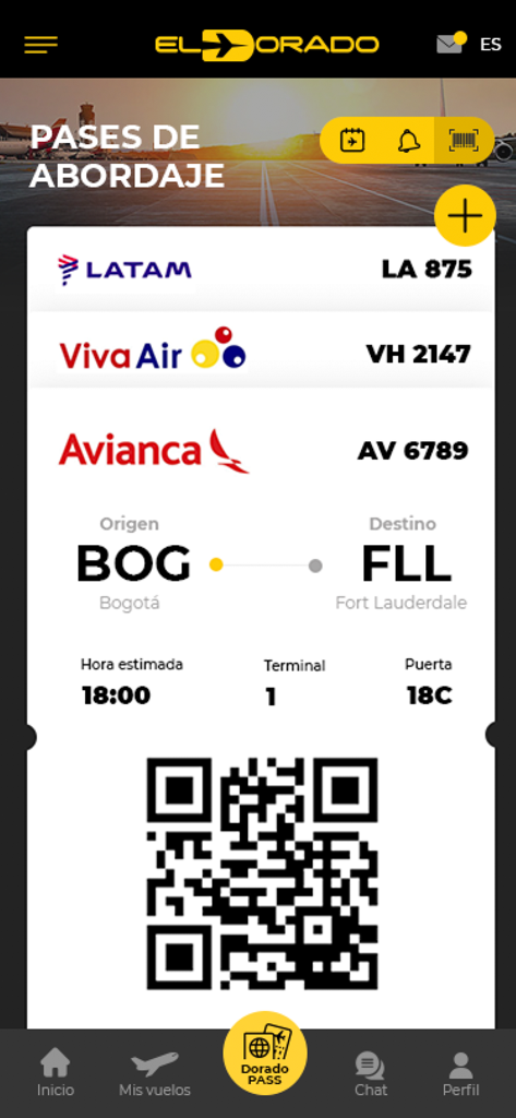 Aeropuerto El Dorado - Digital boarding pass interface with QR code and flight details in the Aeropuerto El Dorado mobile app
