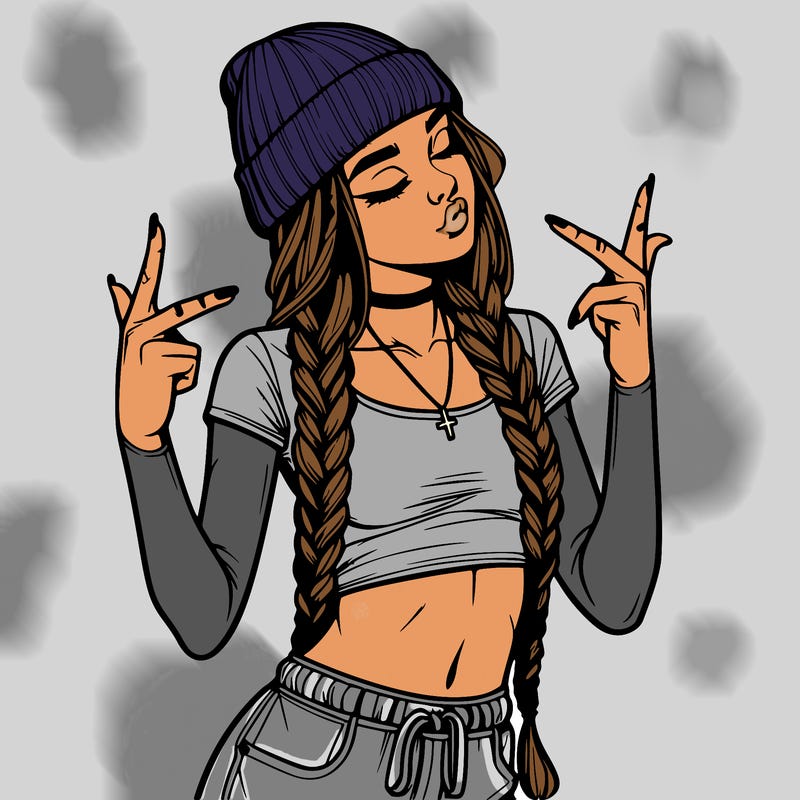 realistic teenage girl with braids and a beanie and crop top doing 🫶🏼