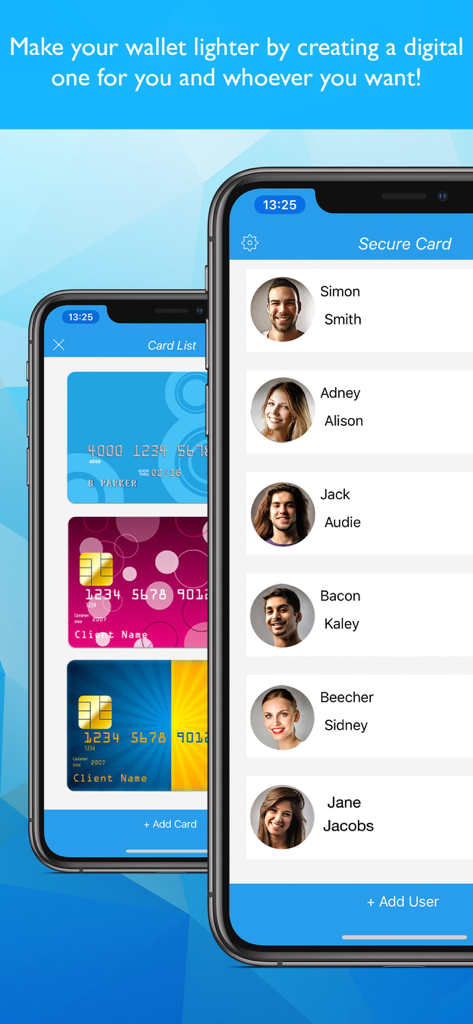 Secure Card -manager,credit - Secure Card app screens showing a list of users and several stored credit cards in a digital wallet