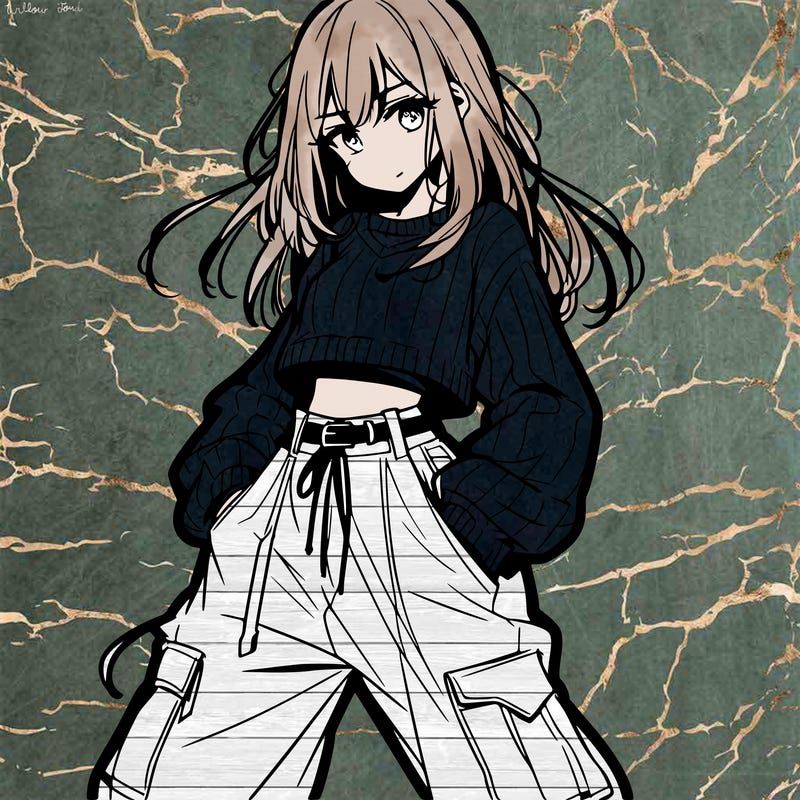 anime teen girl with baggy pants and crop top with sweater