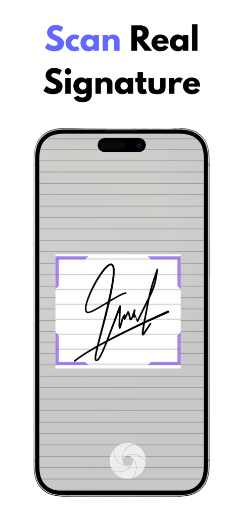 Signature Scanner: Quick Sign - A smartphone screen scanning a real handwritten signature from a piece of lined paper