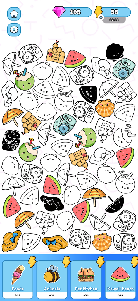 Merge Sticker Playbook 2D - Gameplay screen of Merge Sticker Playbook 2D showing various cute sticker outlines and collections like Foods and Animals