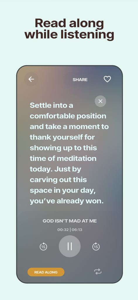 Soulspace app screen showing a Christian meditation with text to read along while listening to guided prayer.