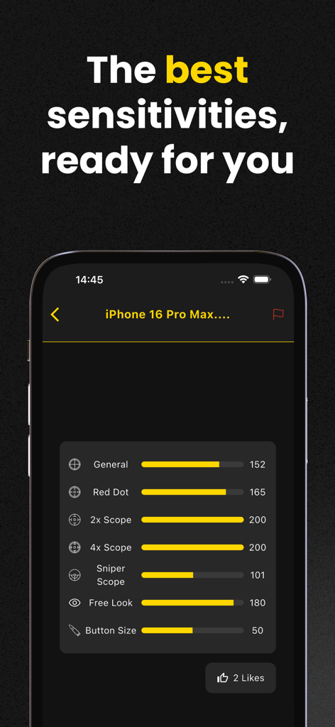 Sensi Master - Interface de l'application Sensi Master montrant des paramètres de sensibilité de jeu optimisés pour l'iPhone 16 Pro Max