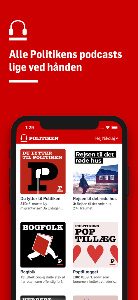 Politiken Podcast - Politiken Podcast app home screen displaying various Danish podcast covers on an iPhone