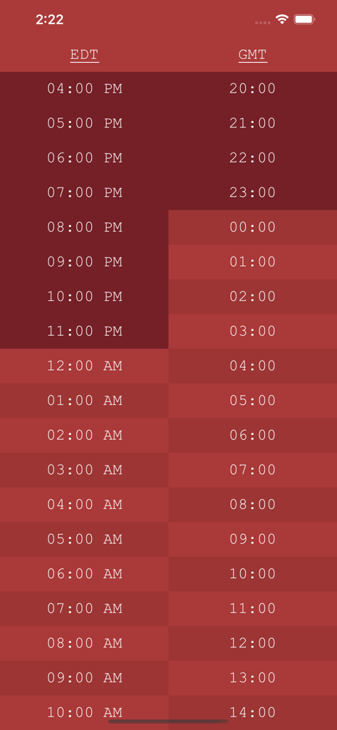 Tabla de conversión de hora lado a lado para EDT y GMT en la aplicación TimeTable.