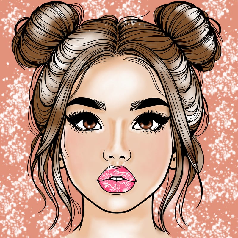realistic girl with two buns on her hair and lips