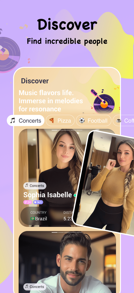 Entdeckungsbildschirm der Lado-App mit Nutzerprofilen und Interessens-Tags sowie geografischen Standorten.