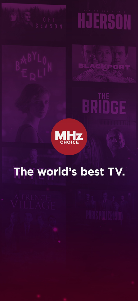 Logo de l'application MHz Choice et slogan La meilleure télévision du monde avec un arrière-plan d'affiches d'émissions internationales