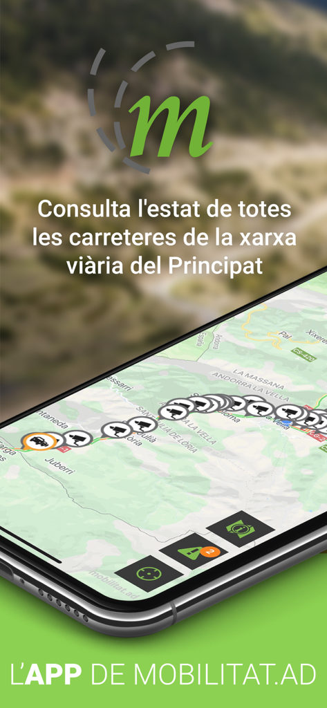 Mobilitat Andorra - Smartphone exibindo o aplicativo Mobilitat Andorra com um mapa em tempo real mostrando câmeras de tráfego e incidentes na estrada em Andorra