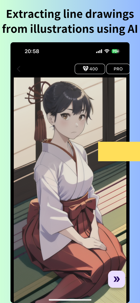 LineArt：Line drawing extract - LineArt app screen demonstrating AI line drawing extraction from an anime girl illustration