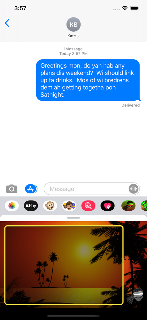 Speakin Jamaican - Screenshot of an iMessage conversation featuring a text message translated into Jamaican Patois using the Speakin Jamaican app extension