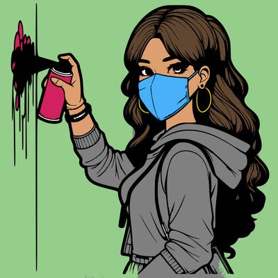 realistic girl with mask spray painting a wall