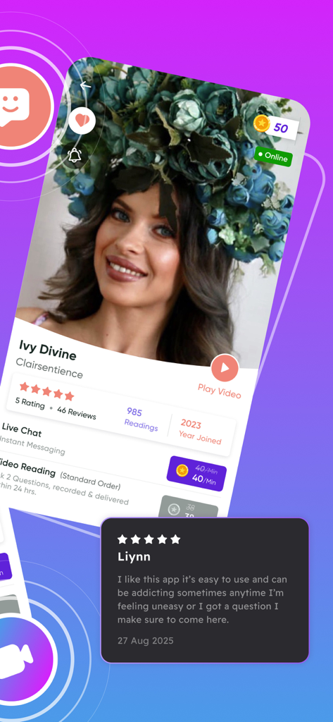 Mobile app screenshot showing a psychic advisor profile with a five star user review and live chat options