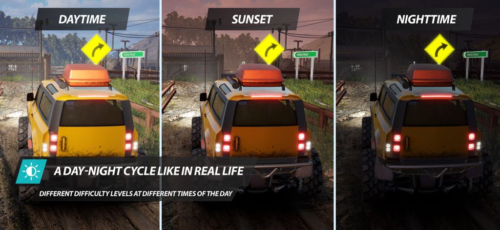 Daytime sunset and nighttime lighting cycle in Offroad League Online