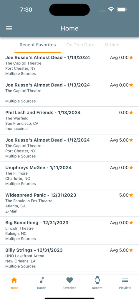 Taper's Section - Tapers Section app home screen displaying a list of recent favorite live concert recordings.