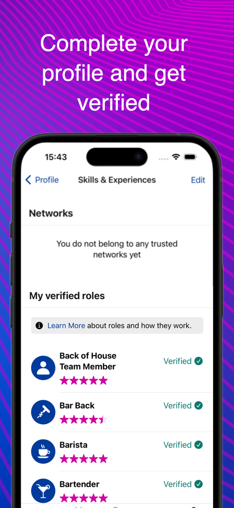 Indeed Flex app screen showing a user profile with verified roles for hospitality jobs
