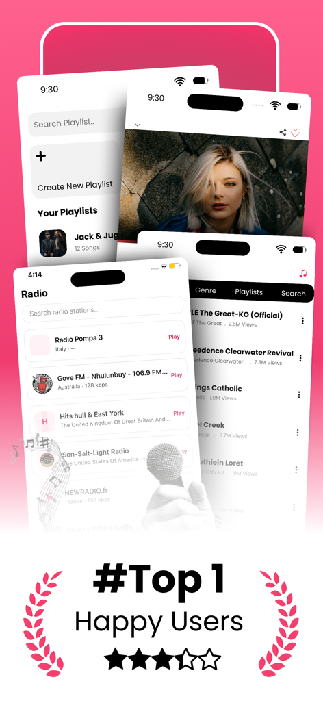 Tubidy Video Music : FM player - プレイリスト作成、ビデオプレーヤー、ラジオ局リストを示すTubidy Video Musicアプリのインターフェイス画面。