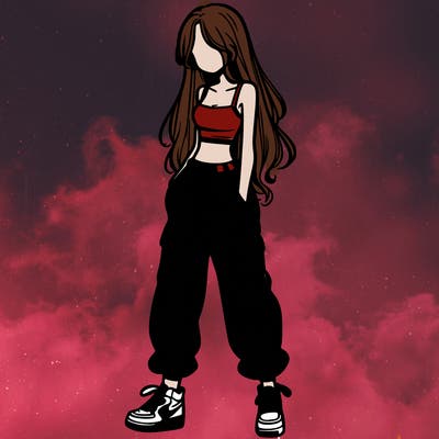 girl in baggy pants crop top and long hair