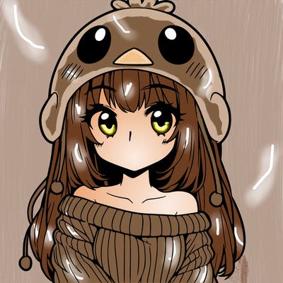 anime girl with chick shaped hat with sweater with bare shoulders with bangs covering them one eye with low tail