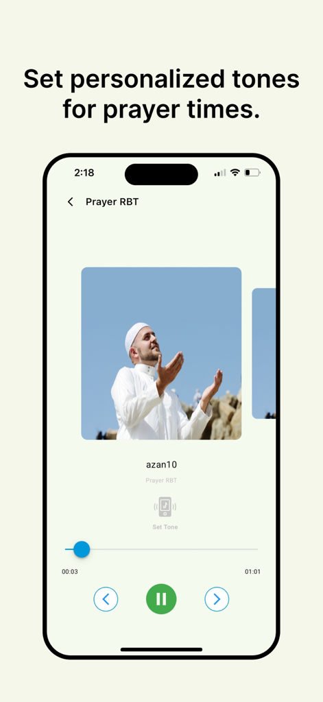 Nasiye CRBT - Interface of the Nasiye CRBT app displaying the Prayer RBT feature for setting personalized Islamic caller ringback tones