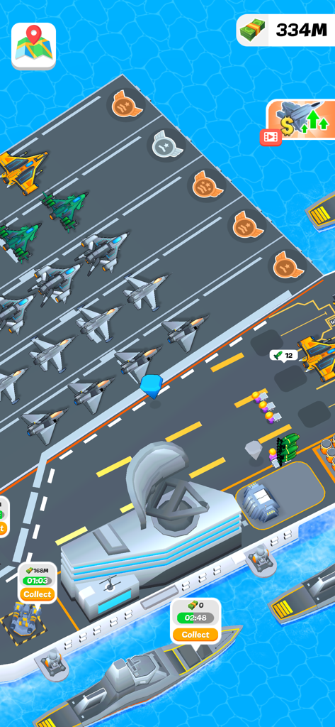 Idle Aircraft Carrier - Top down view of fighter jets on an aircraft carrier deck in an idle management game.