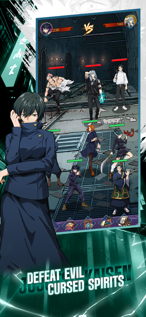 A team of anime characters from Jujutsu Legacy Clash engaged in a battle scene against cursed spirits.